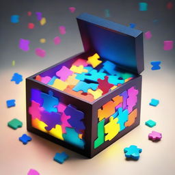 A magic box mysteriously glowing, filled with scattered, colorfully designed puzzle pieces.