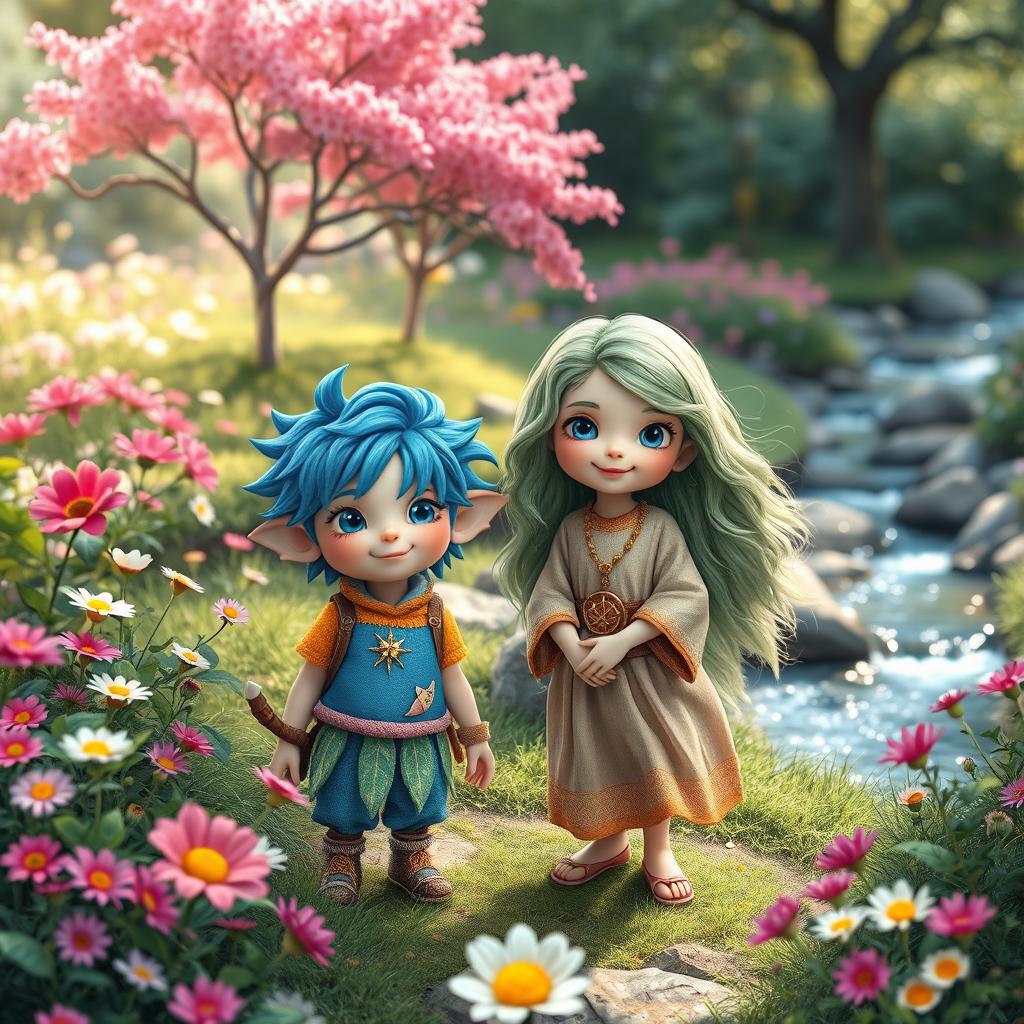 A serene landscape featuring a vibrant, picturesque garden, with two fantastical children resembling specific, imaginative traits derived from the following two characters - both exhibiting a blend of creativity and uniqueness