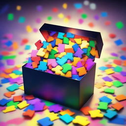 A mysterious magic box, emanating a soft glow, filled with scattered, brightly colored jigsaw puzzle pieces.