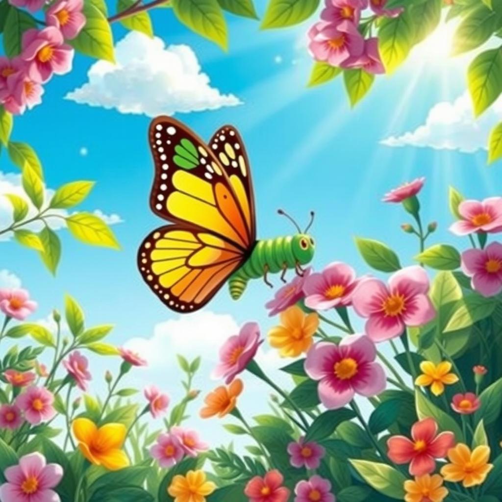 A vibrant and colorful illustration representing transformation, depicting a metamorphosis in nature and life