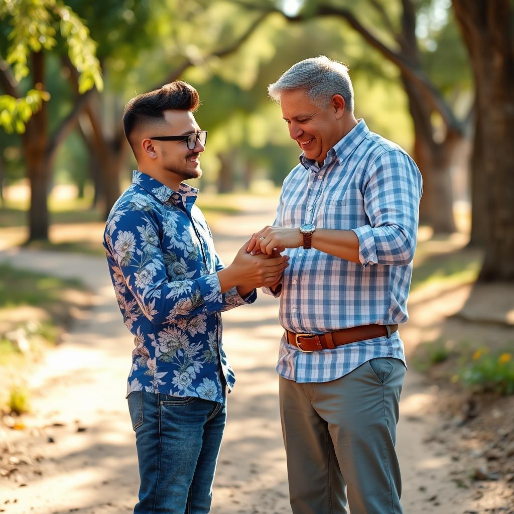 Two men are outdoors in the midst of a wedding ceremony during the day