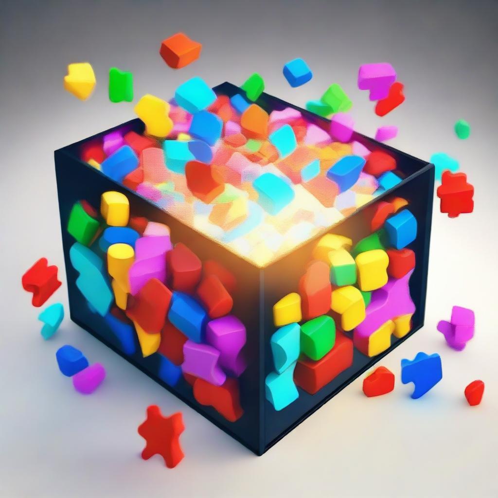 A mysterious magic box, emanating a soft glow, filled with scattered, brightly colored jigsaw puzzle pieces.