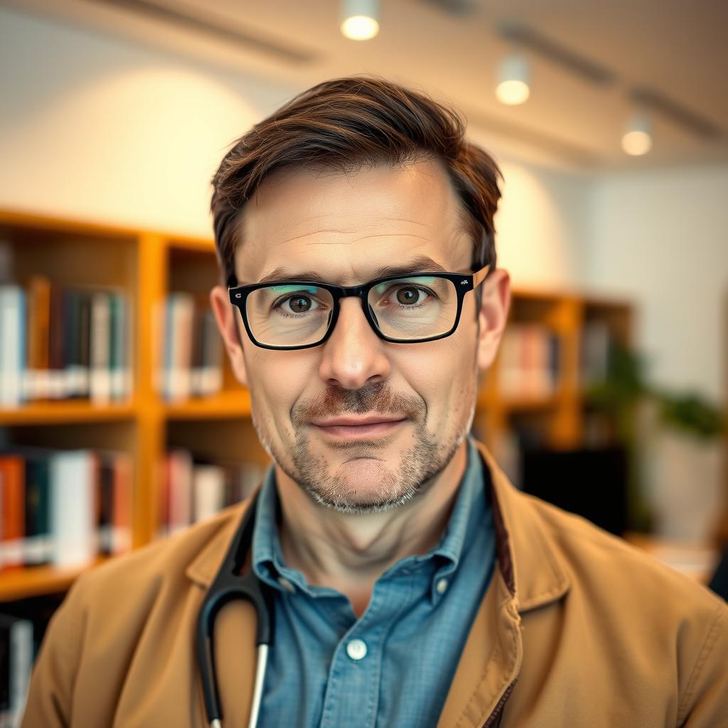 A 45-year-old male psychiatrist wearing glasses, with dark brown eyes and a thoughtful expression
