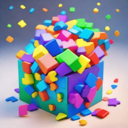 A mysterious magic box, emanating a soft glow, filled with scattered, brightly colored jigsaw puzzle pieces.