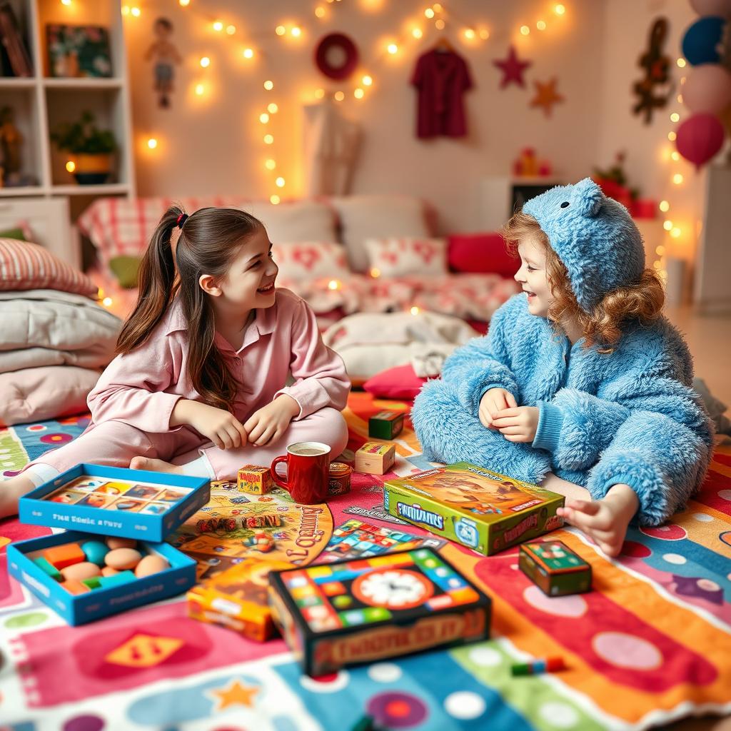 Two girls enjoying a cozy pajama party, sitting on a colorful blanket spread out on the floor, surrounded by a variety of board games