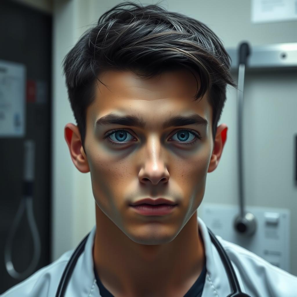 A 25-year-old young man with deep blue eyes and pronounced dark circles under his eyes, showing a serious demeanor