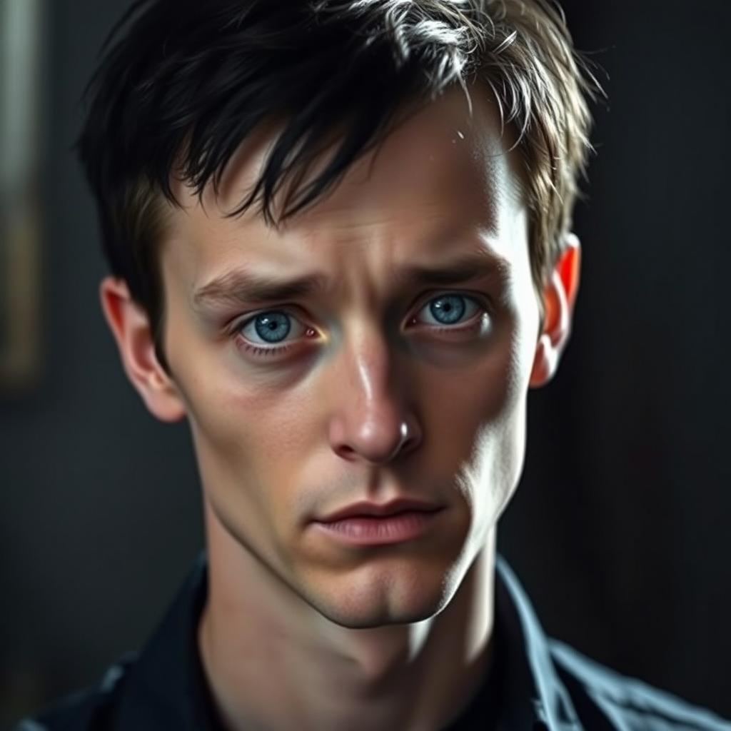 A 25-year-old man with striking blue eyes and deep dark circles underneath, exuding a serious demeanor