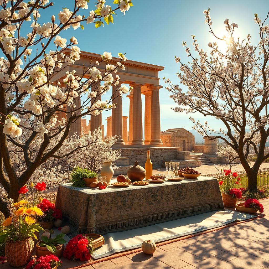 An enchanting depiction of ancient Iranian customs during Nowruz, featuring a traditional Haft-Seen table beside blooming spring trees in the stunning setting of Persepolis (Takht-e Jamshid)