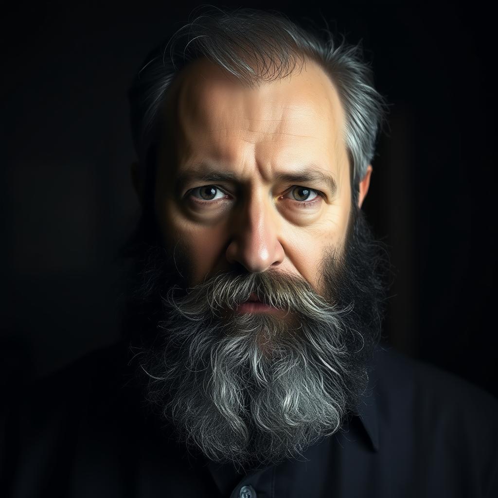 A 50-year-old man with a thick black beard, speckled with gray, and a rounder face that portrays wisdom and authority
