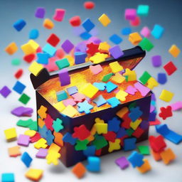 A mysterious magic box, emanating a soft glow, filled with scattered, brightly colored jigsaw puzzle pieces.