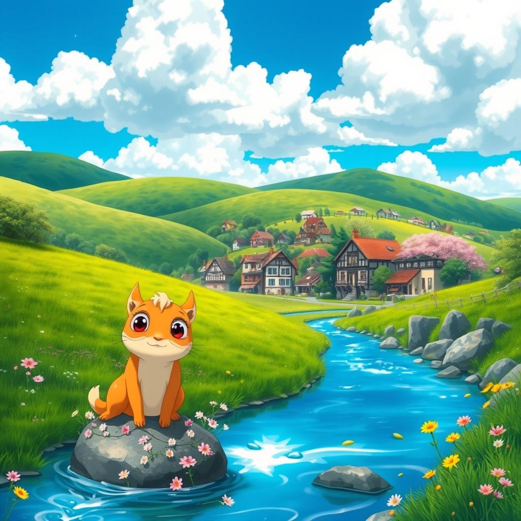 A serene landscape in the style of a Ghibli film, featuring lush green rolling hills, a vibrant blue sky with fluffy white clouds, and a quaint village with colorful houses