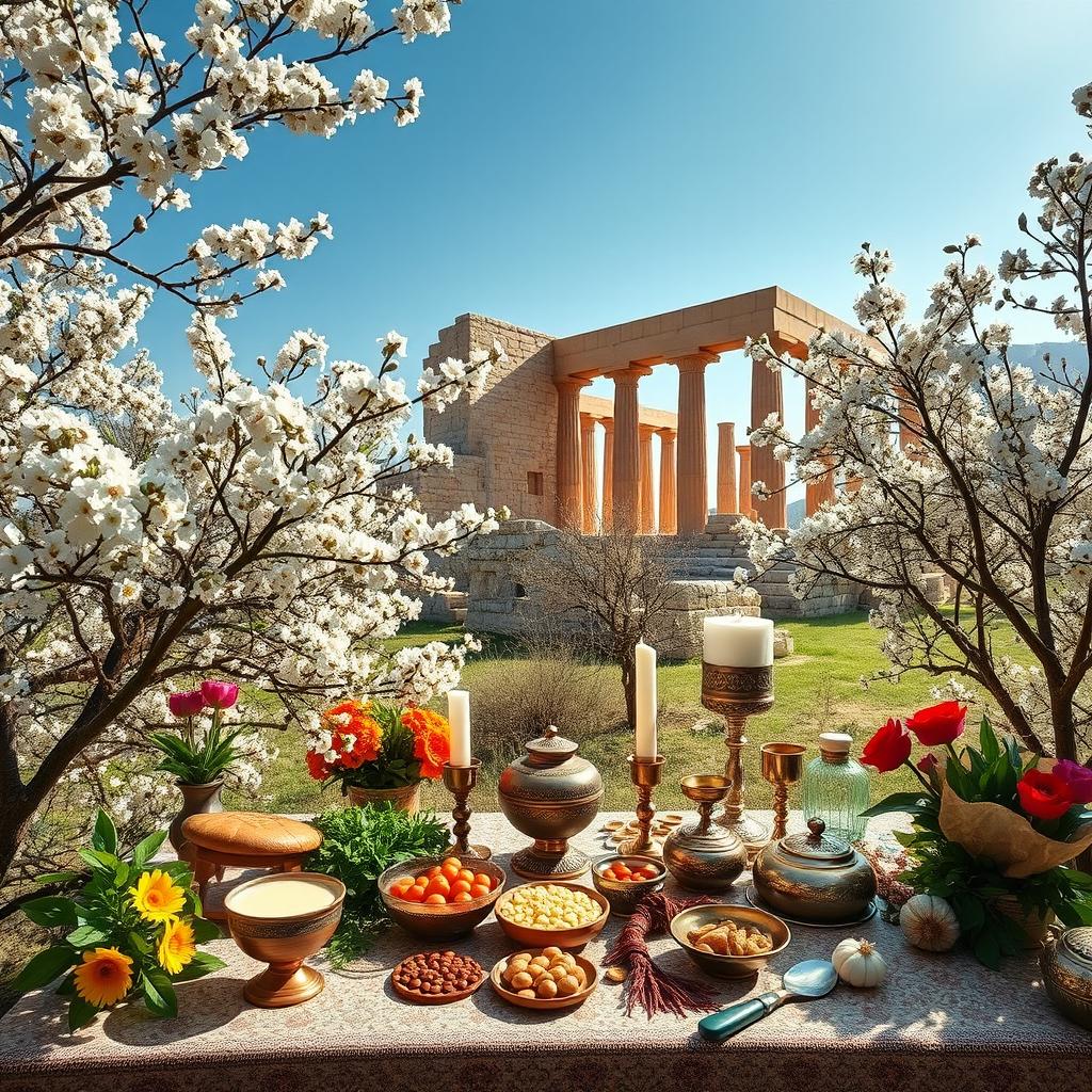An evocative scene showcasing the ancient Iranian customs of Nowruz, featuring a traditional Haft-Seen table beside blossoming spring trees at Persepolis (Takht-e Jamshid)