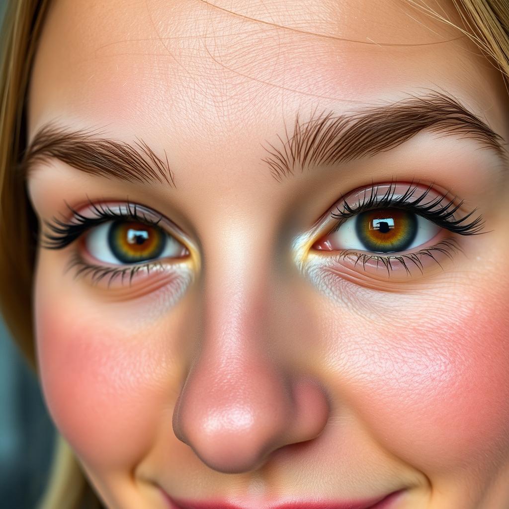 A close-up portrait of a person's face focusing on the eyes, showcasing vibrant and symmetrical features