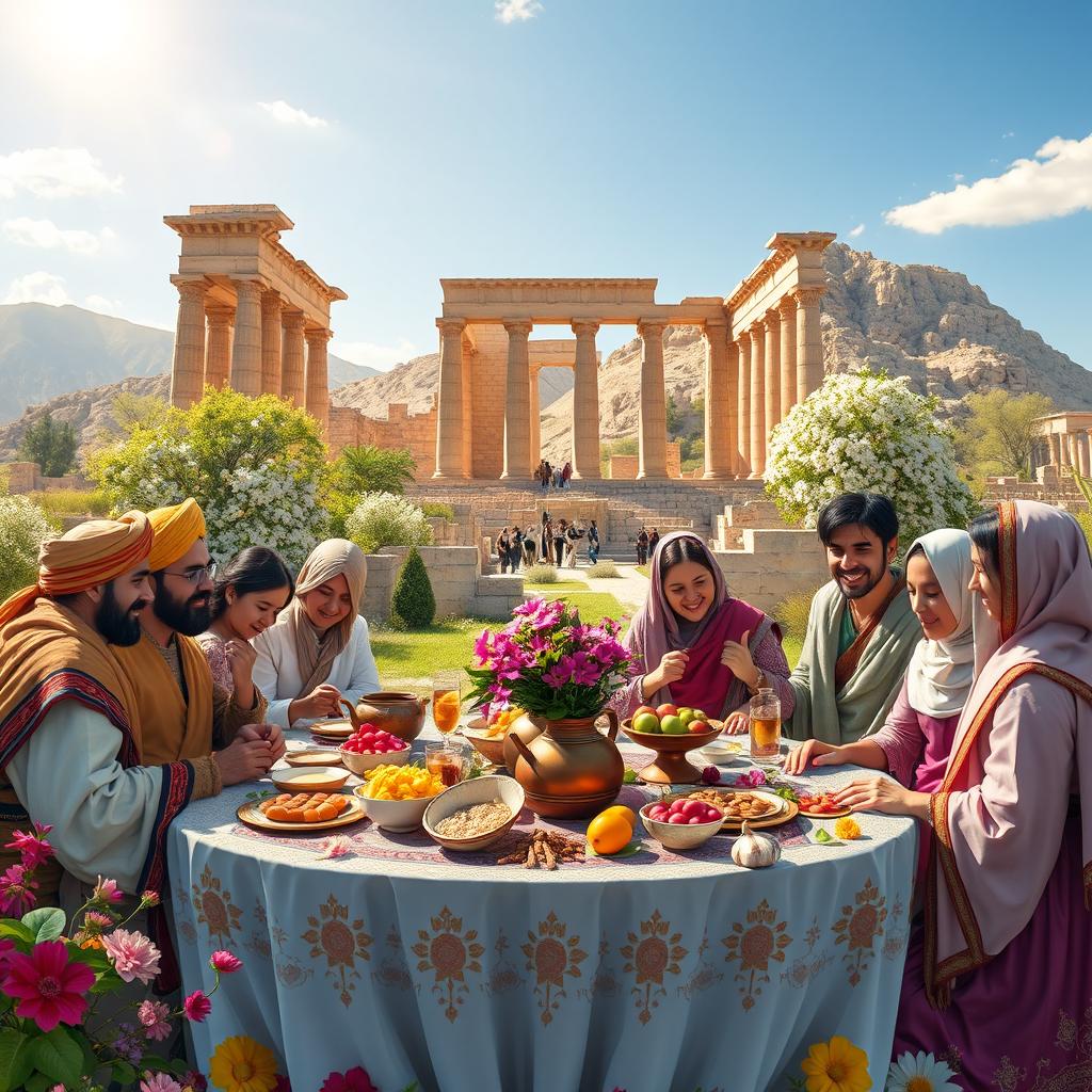 A rich and detailed depiction of ancient Iranian customs during Nowruz, featuring a traditional Haft-Seen table set in the magnificent backdrop of Persepolis (Takht-e Jamshid)