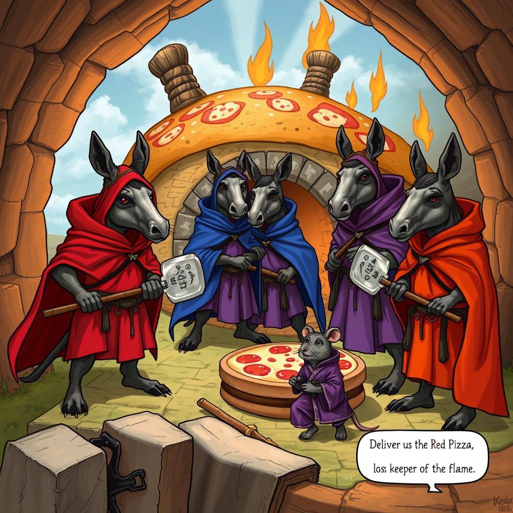 In a fantastical bakery built inside a gigantic loaf of bread on a hill, four anthropomorphic mule-headed creatures known as the Guardians of the Crust wear vibrant magical cloaks in red, blue, purple, and orange