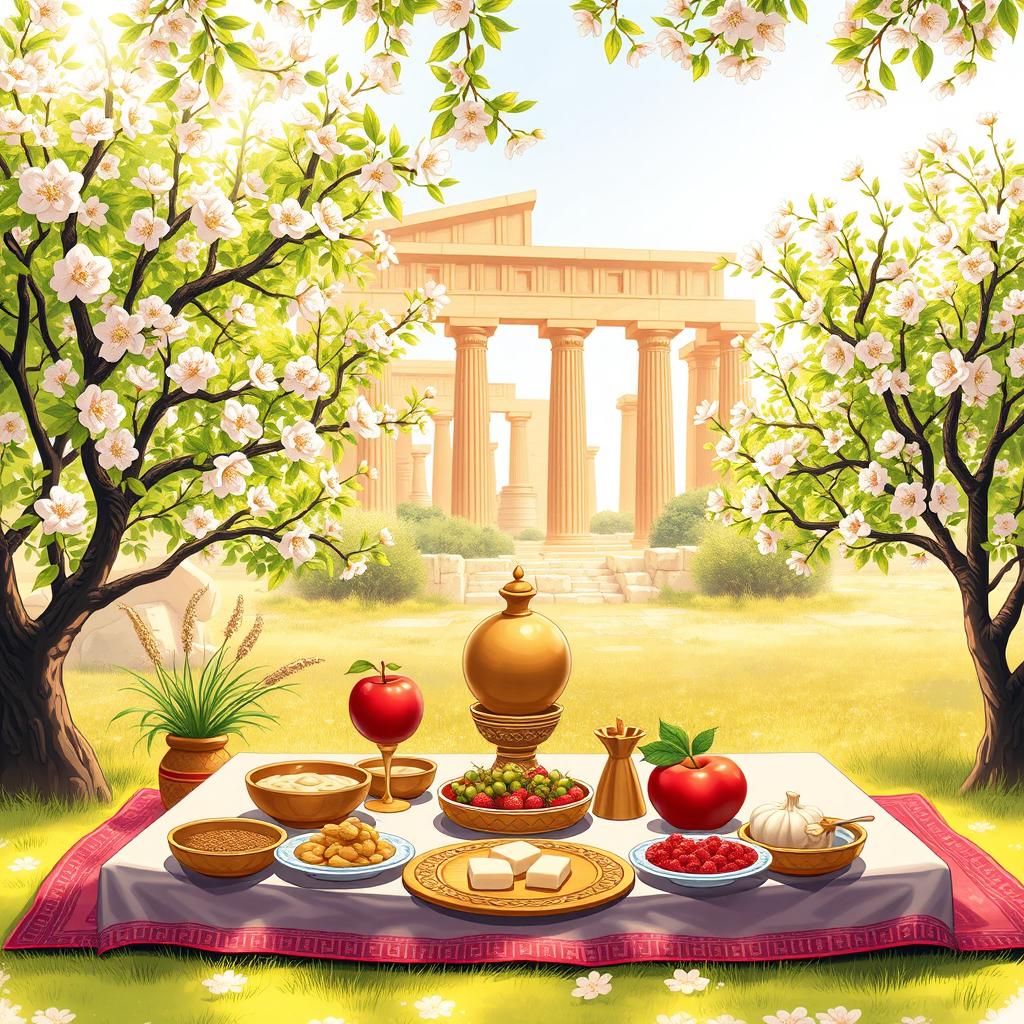 A vibrant illustration capturing the ancient Iranian traditions of Nowruz, with a beautifully set Haft-Seen table at Persepolis (Takht-e Jamshid)