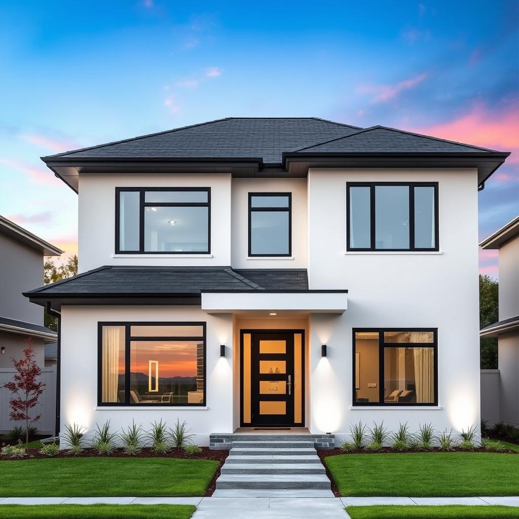 A modern house exterior painted in a beautiful combination of white, grey, and black