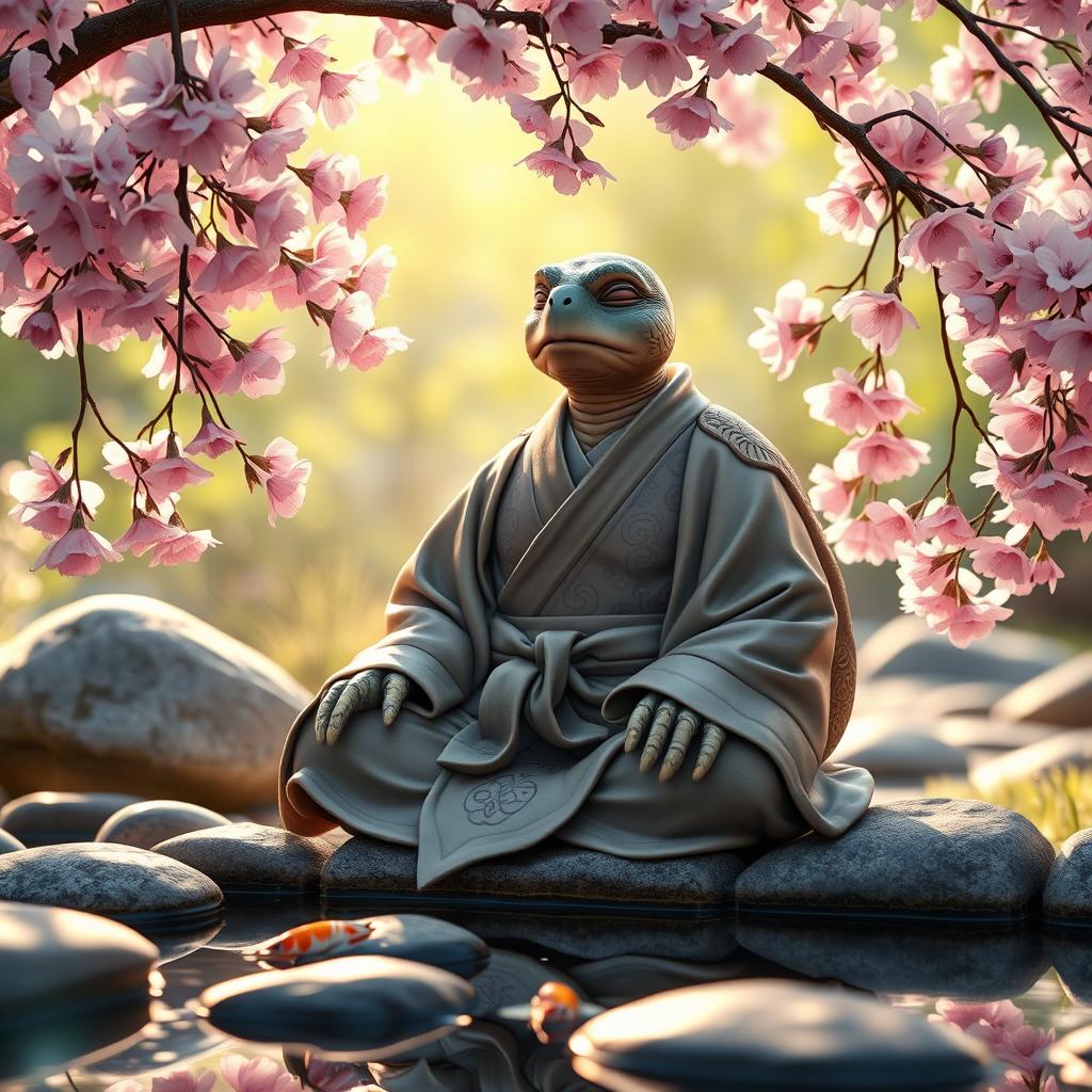 A wise tortle monk meditating peacefully under a cherry blossom tree, wearing traditional monk robes