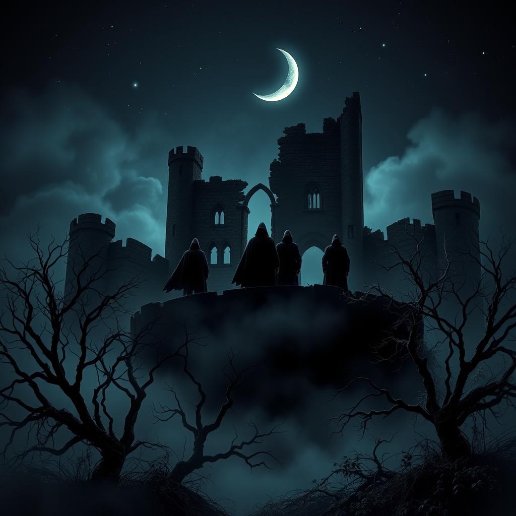 Five shadowy figures standing on the battlements of a dark, ruined castle at the stroke of midnight