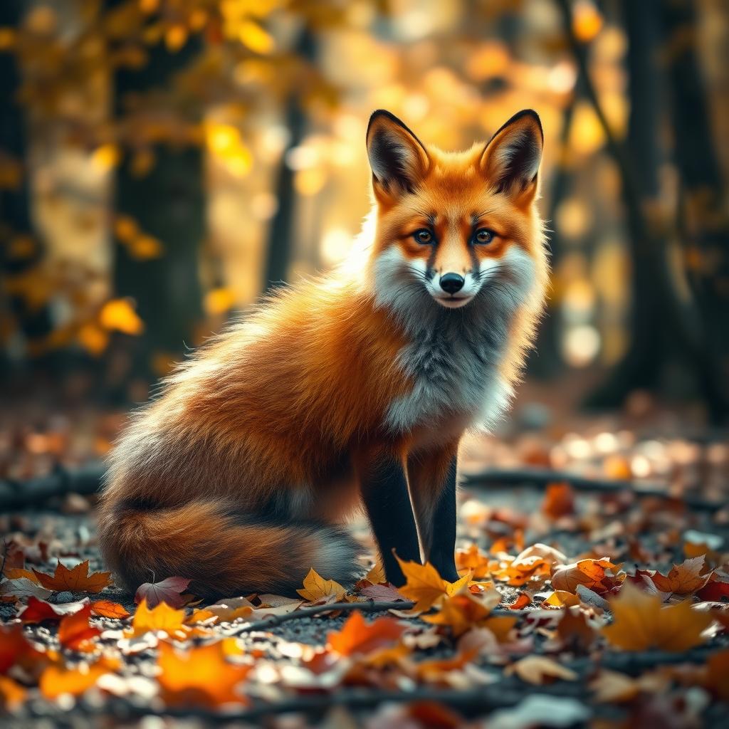 A mystical November fox with an enchanting, bushy tail, surrounded by autumn foliage