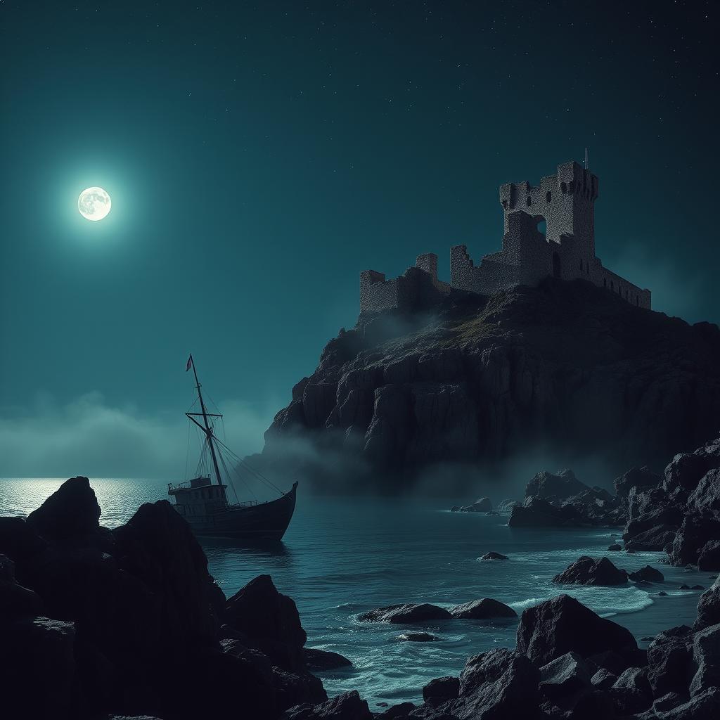 A captivating nighttime scene on a rocky island featuring the remains of a ruined castle perched dramatically on a cliff