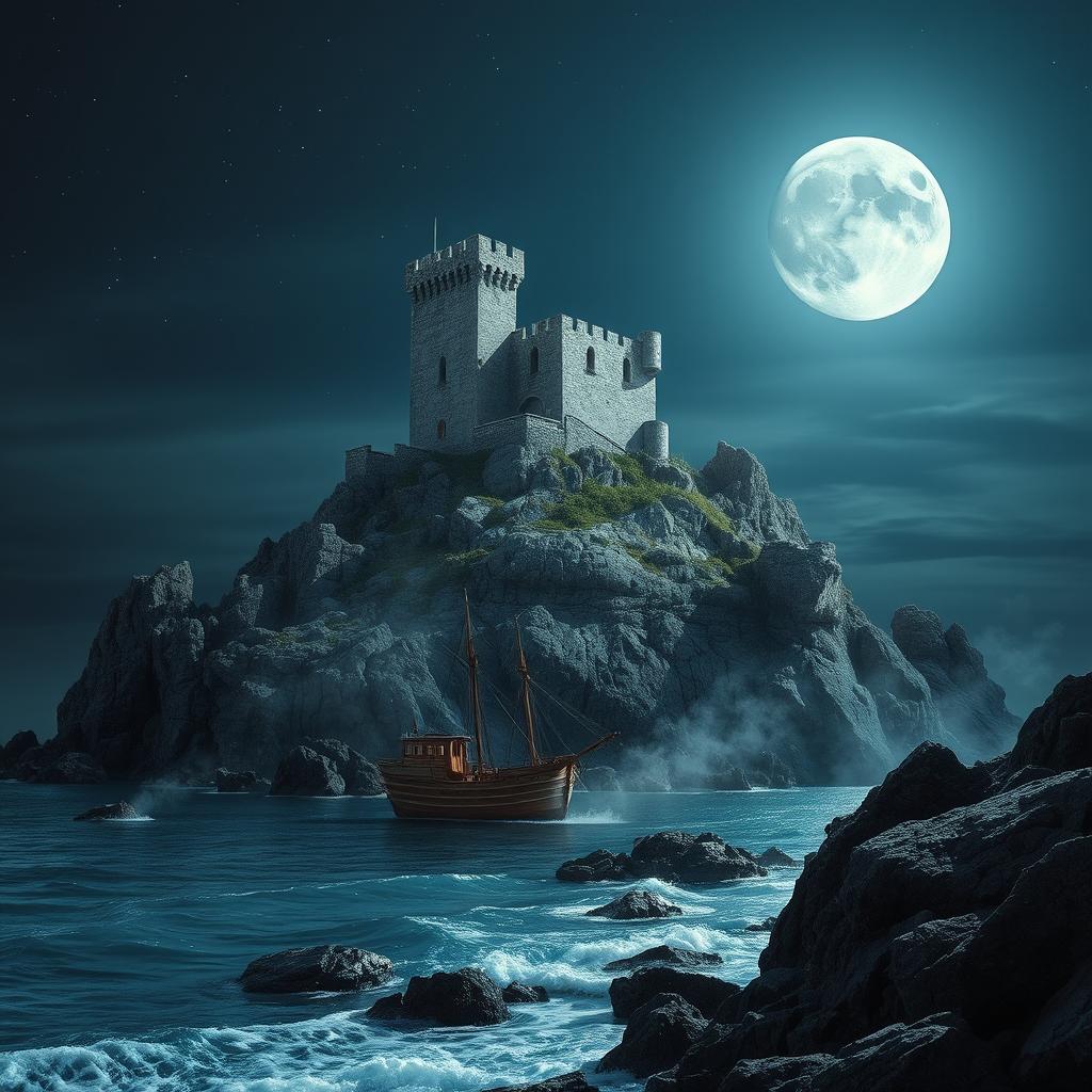 A stunning nighttime scene of a rocky island featuring a majestic ruined castle perched atop a rugged cliff