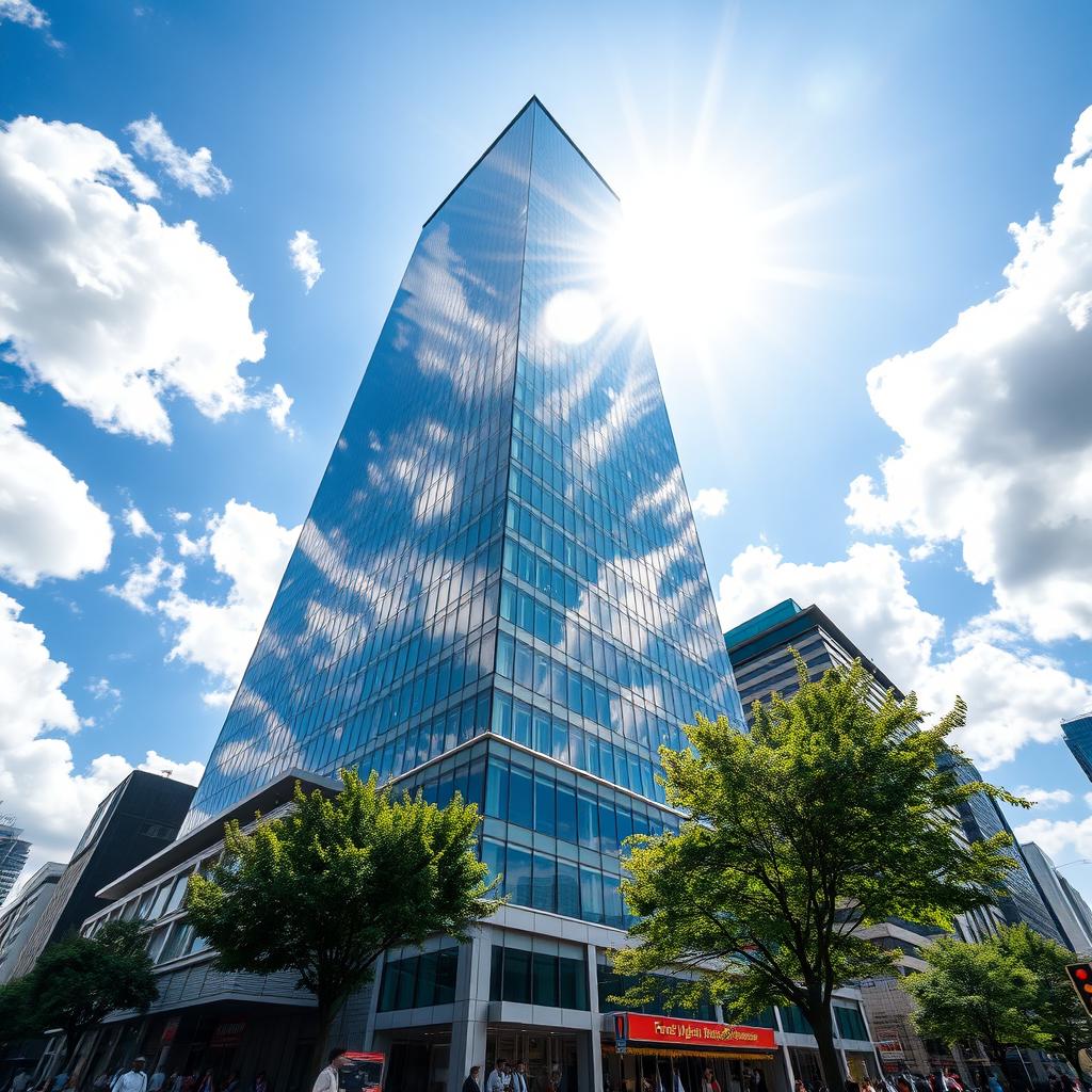 A stunning view of a giant skyscraper rising majestically against a bright blue sky filled with fluffy white clouds