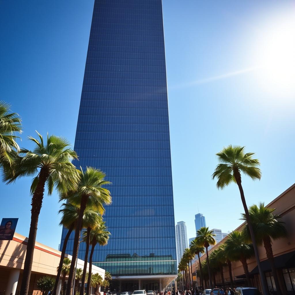 A breathtaking view of a giant skyscraper in Los Angeles, standing tall against a clear blue sky filled with bright sunlight