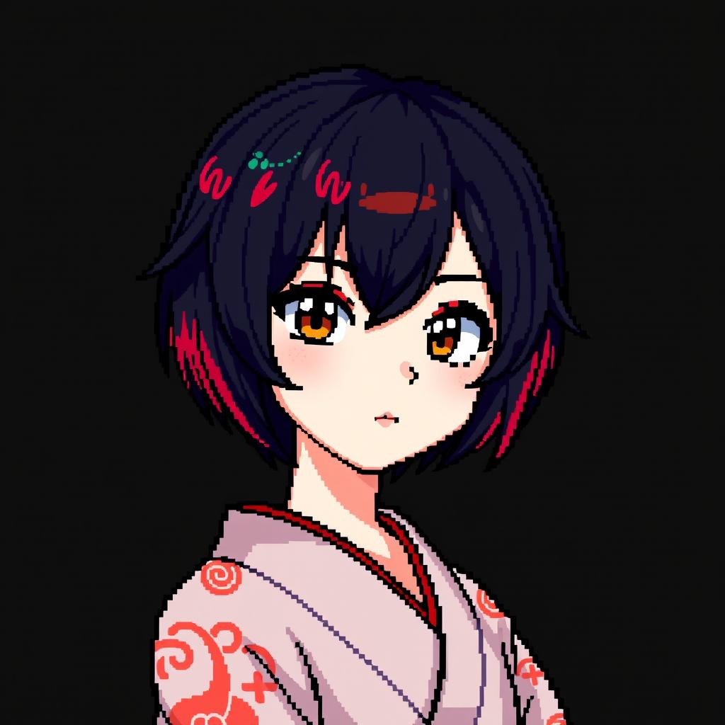 A pixel art avatar of a Japanese woman with short hair, set against a black background