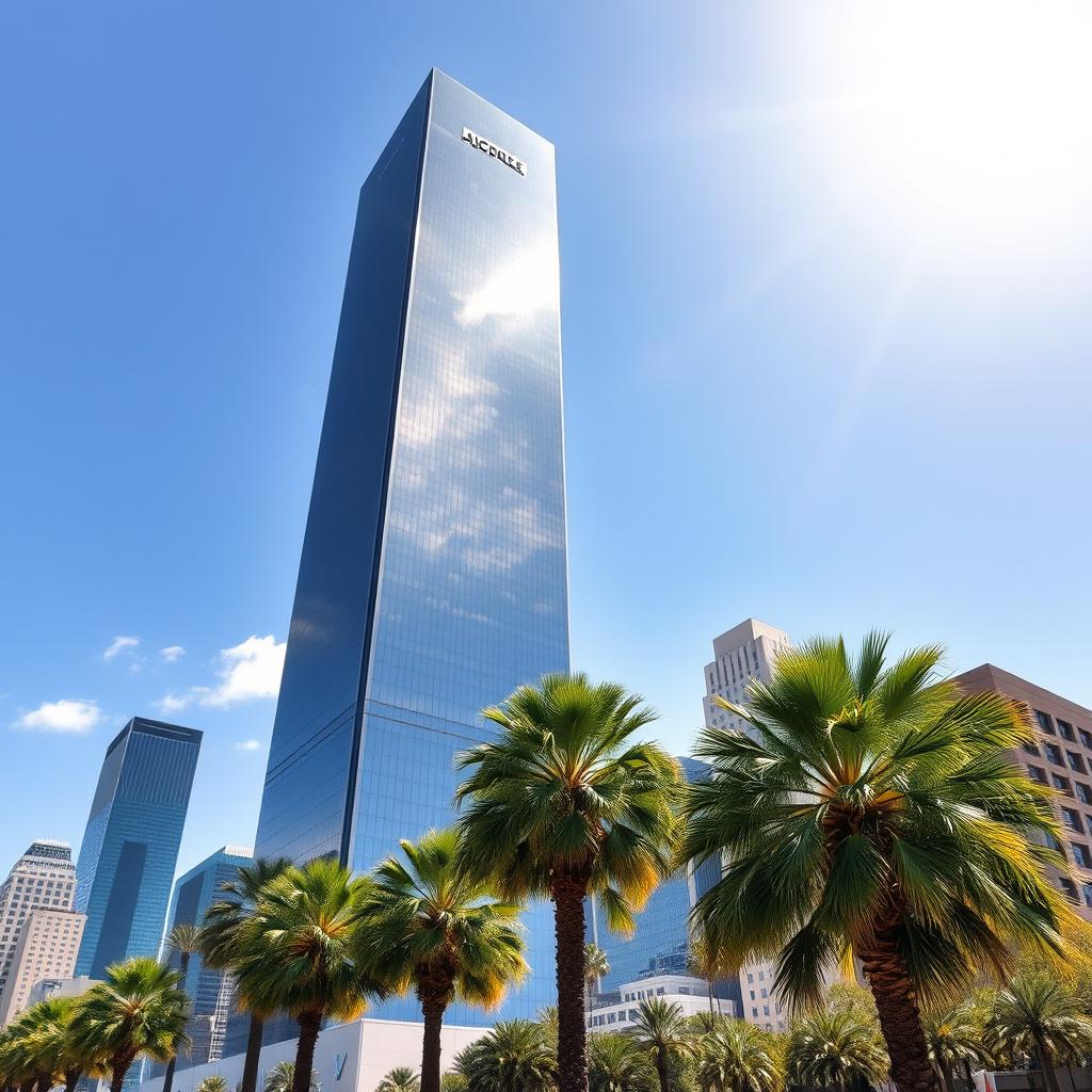 A vibrant scene showcasing a giant skyscraper in Los Angeles under a brilliant sunny sky