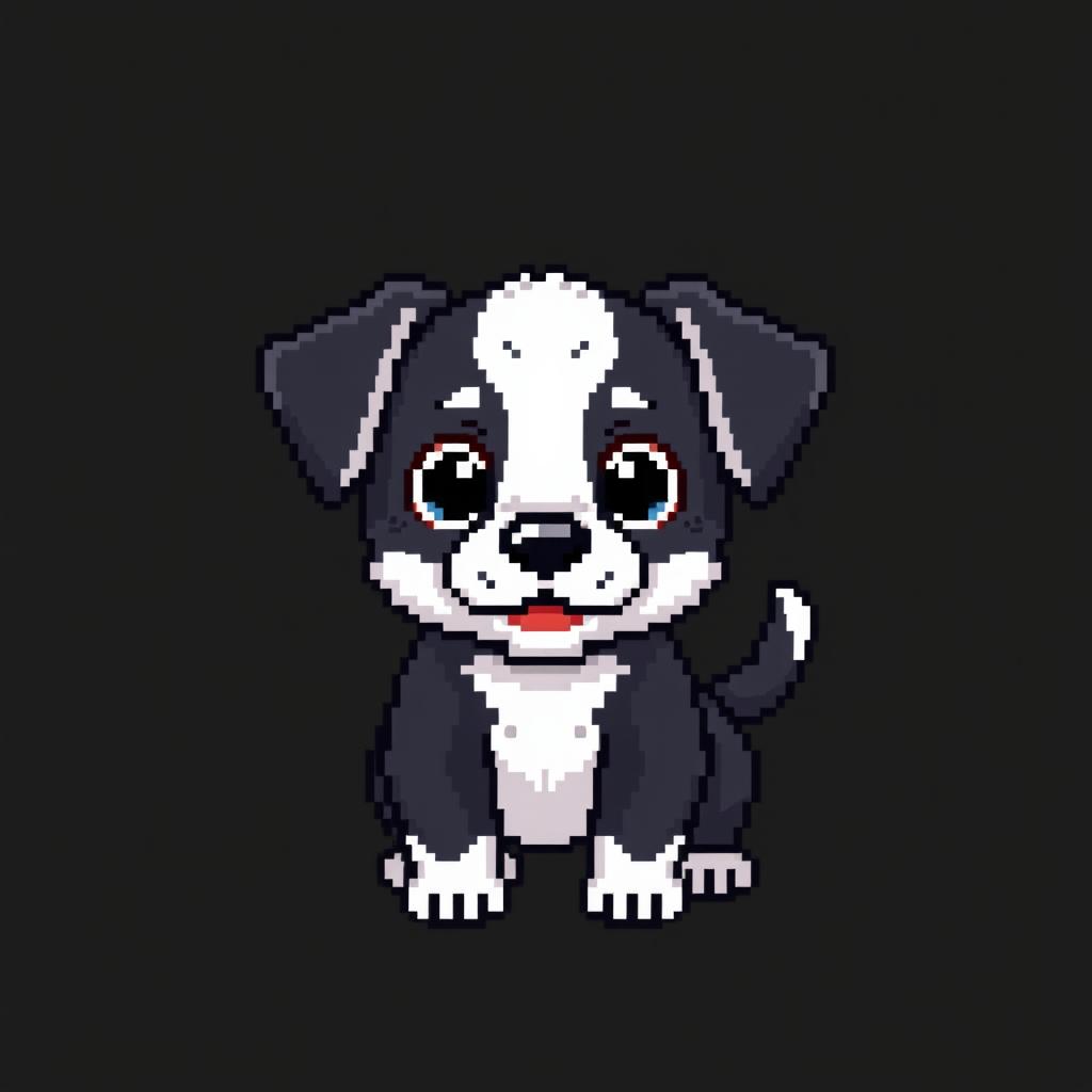 A pixel art avatar of a black and white puppy, set against a black background
