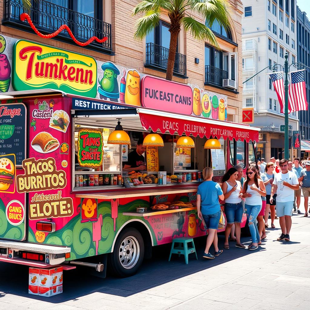 A vibrant Mexican food truck parked on a bustling city street, adorned with colorful decorations and vibrant murals