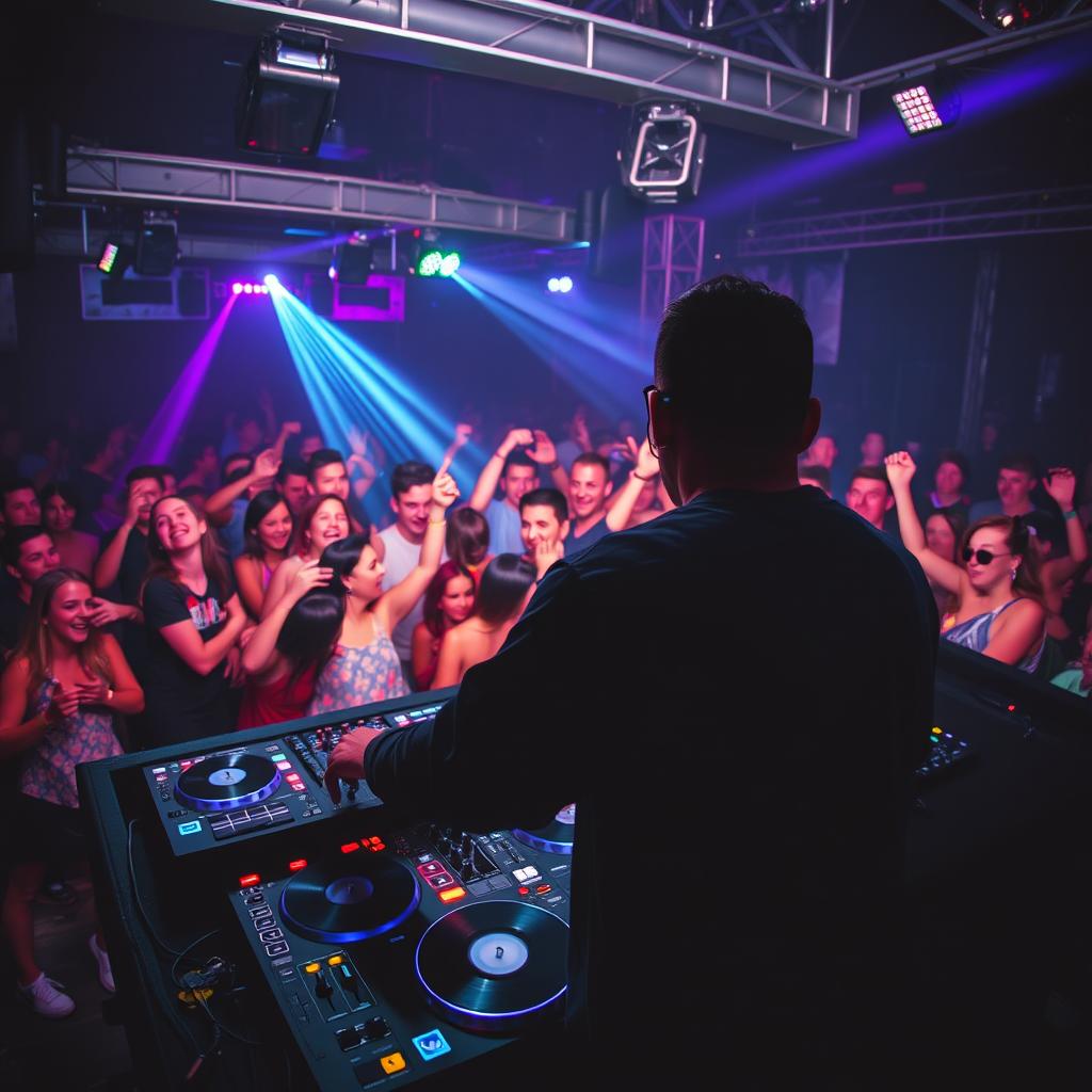 An exciting scene of a DJ performing live at a dance party, standing behind a well-equipped DJ booth (pult) with colorful LED lights and DJ equipment