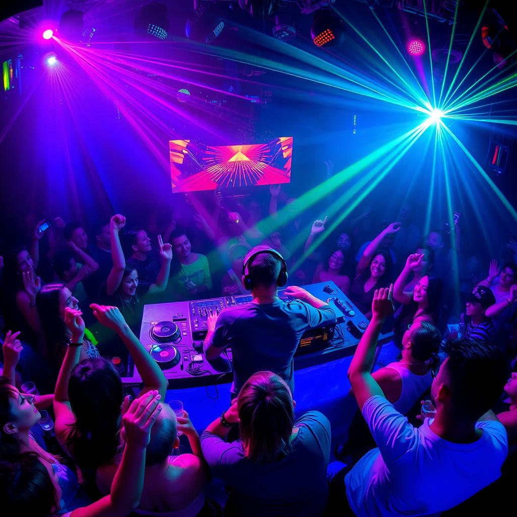 A vibrant and energetic scene of a DJ performing on a stage at a lively dance party