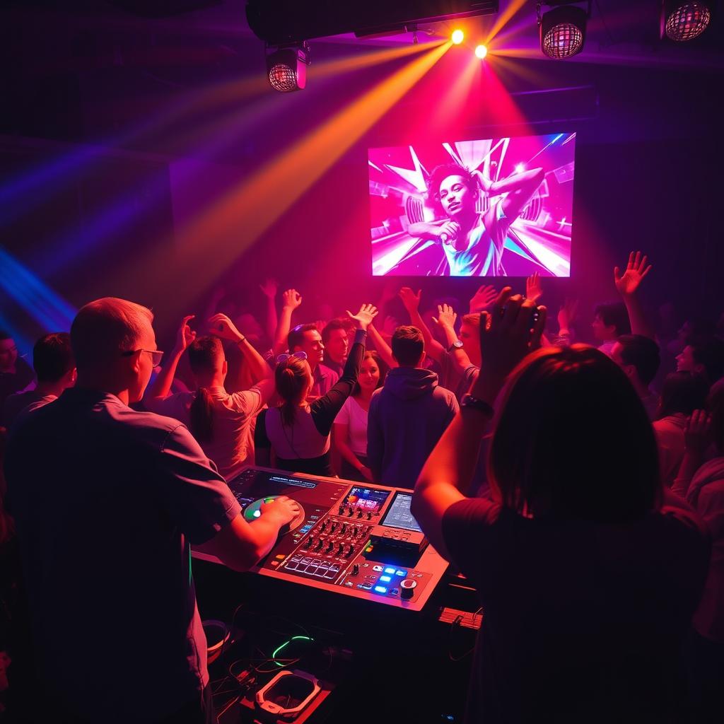 An energetic and vibrant scene of a DJ performing at a lively dance party