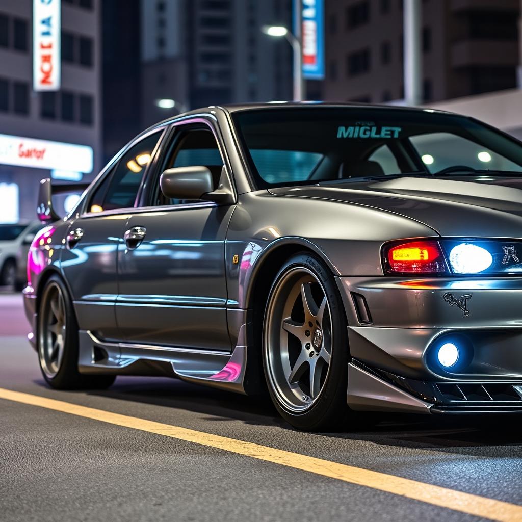 A detailed and realistic image of a 2001 Mitsubishi Galant VR, showcasing its tuned features