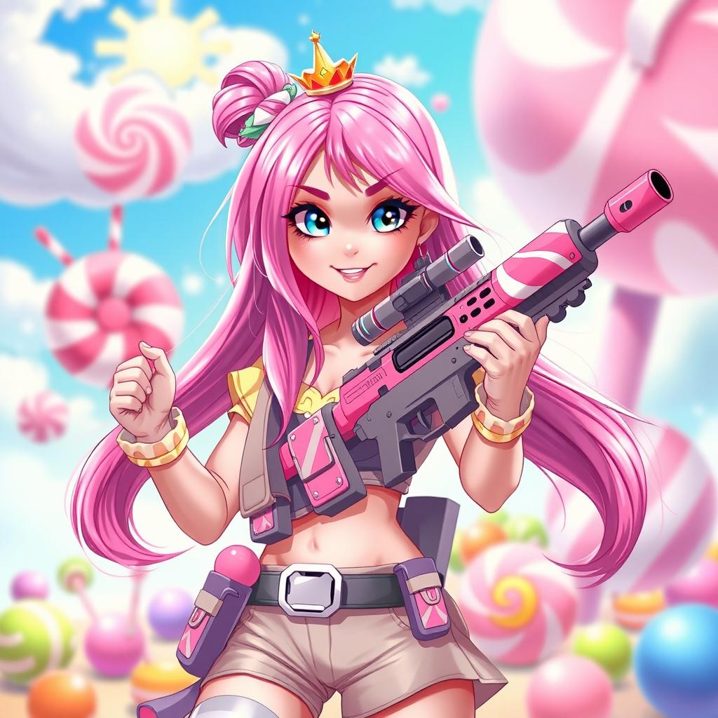 A whimsical and fierce character design of a girl with long pink hair, styled in a vibrant and playful way, representing a candy princess with elements of a sniper