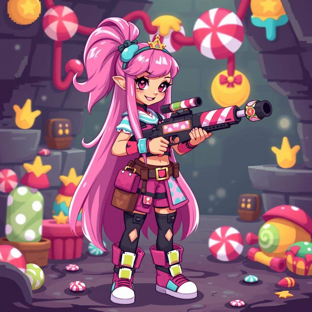 A pixel art character design of a girl with long pink hair styled in a fun, whimsical manner, portraying her as a candy princess with the unique twist of being a sniper