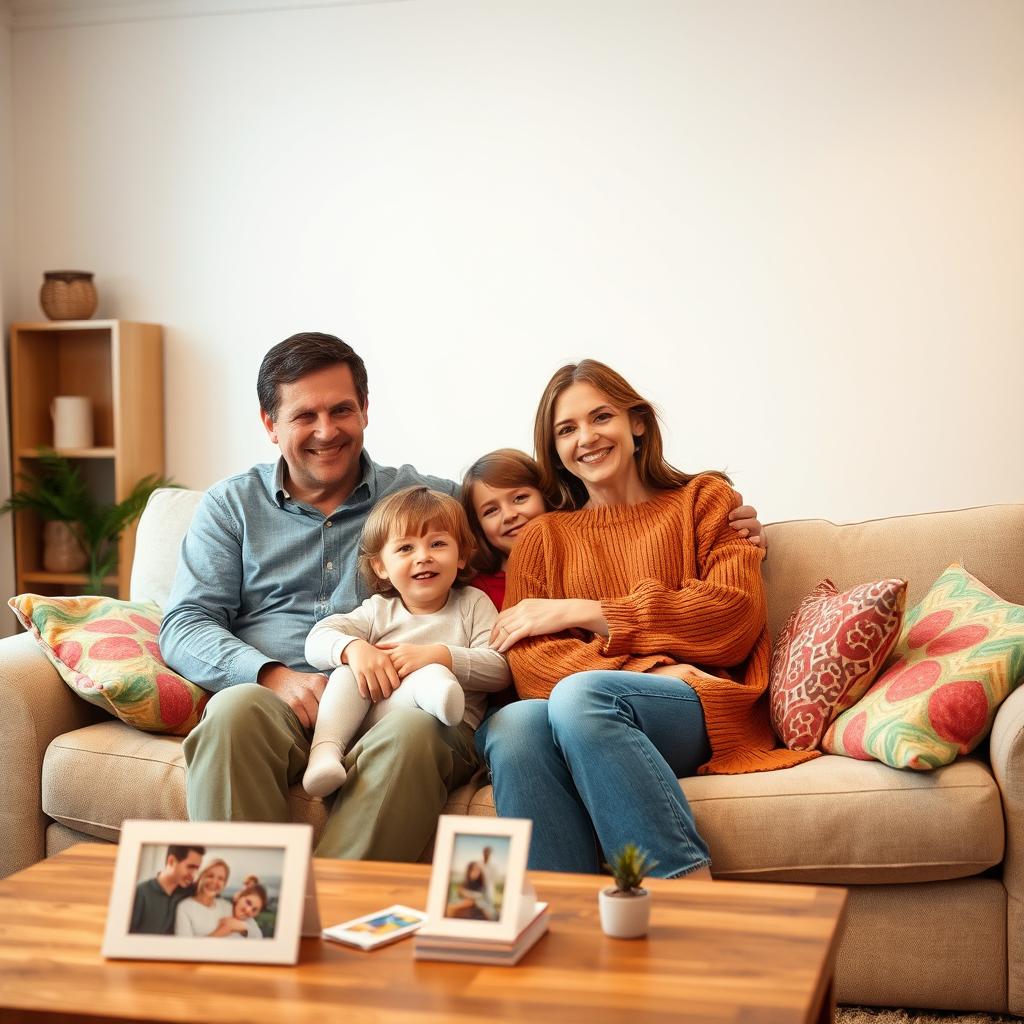 A warm and cozy family scene in a living room, featuring four family members sitting together on a comfortable couch
