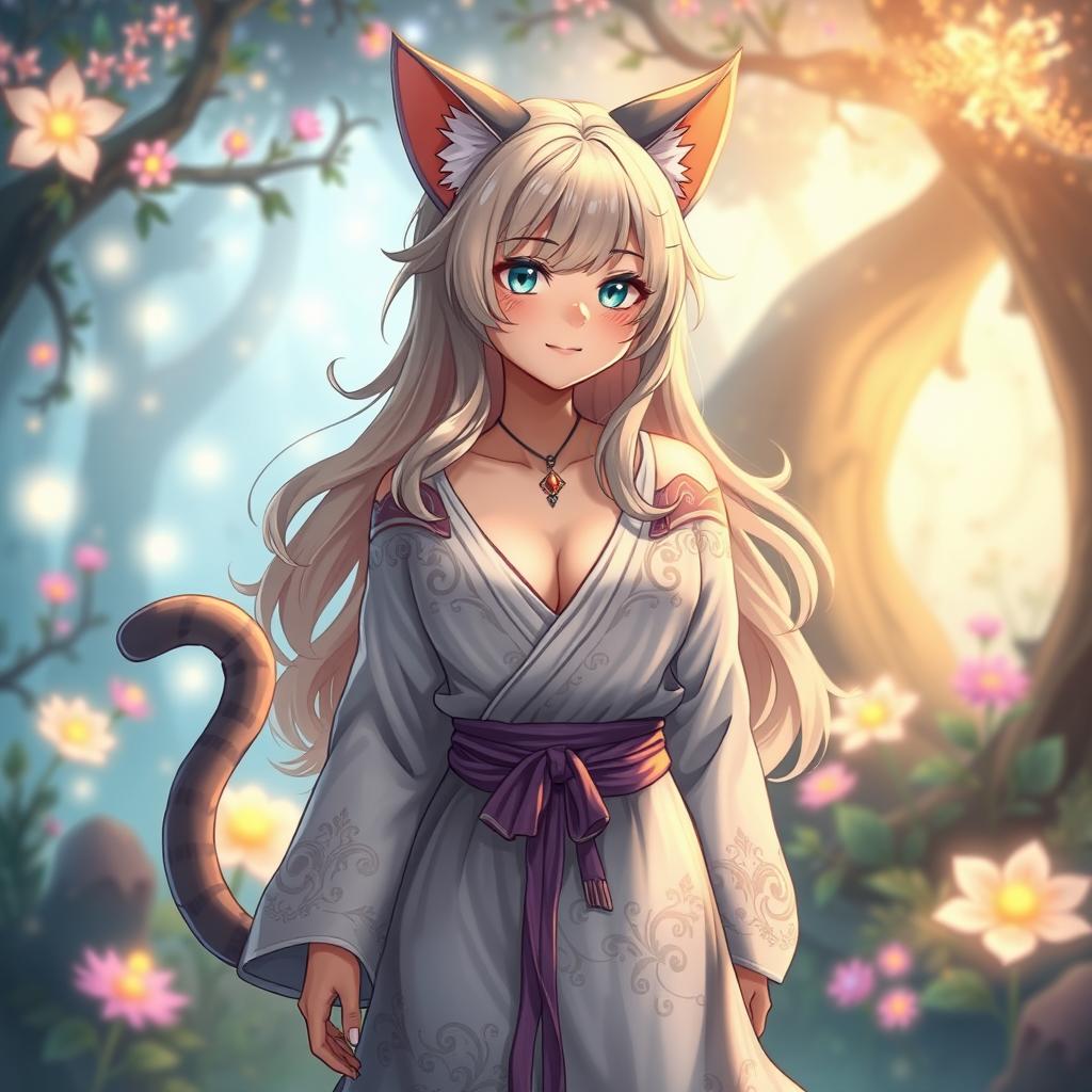 A fantasy character design featuring a girl with adorable cat ears and a playful cat tail