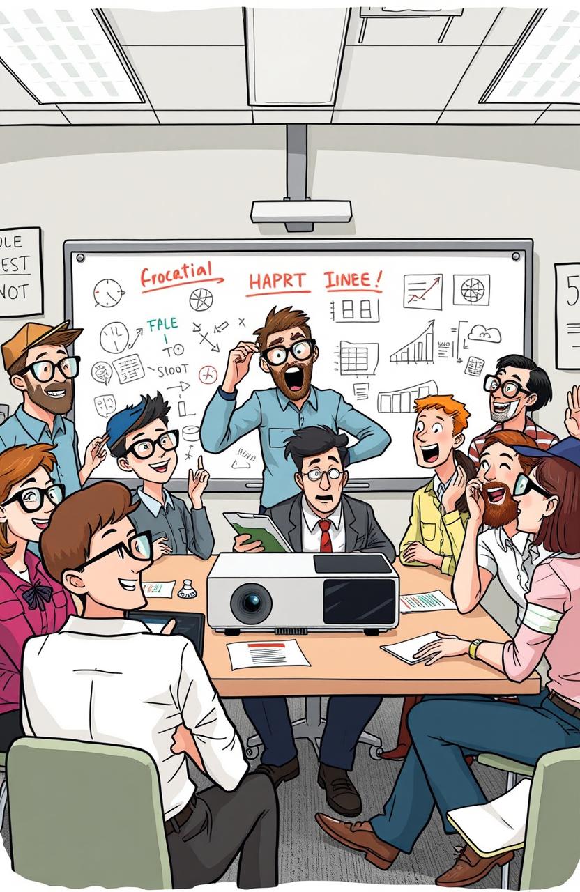 A humorous illustration of a chaotic office environment, showcasing a lively business meeting where employees are dressed in casual, quirky outfits, some wearing oversized glasses and funny hats