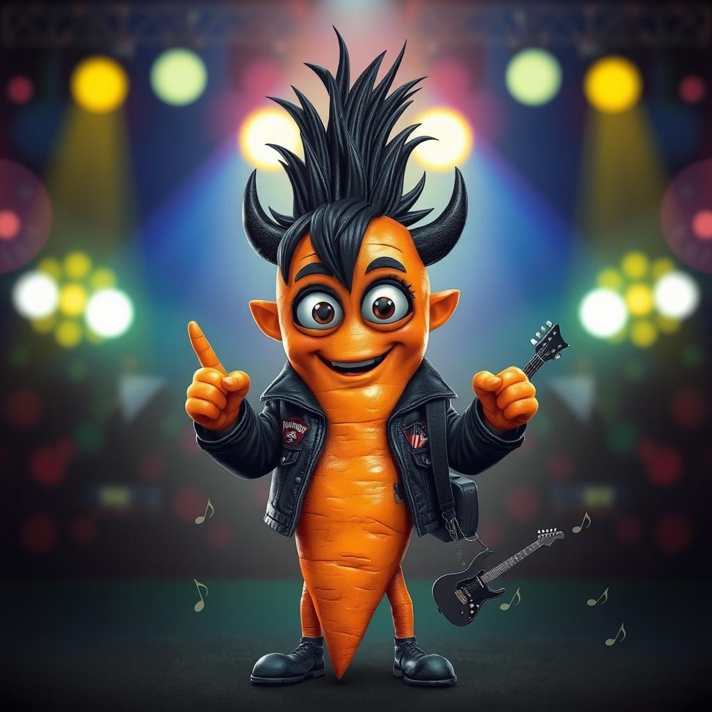 A realistic carrot with arms and legs, dressed as a metalhead
