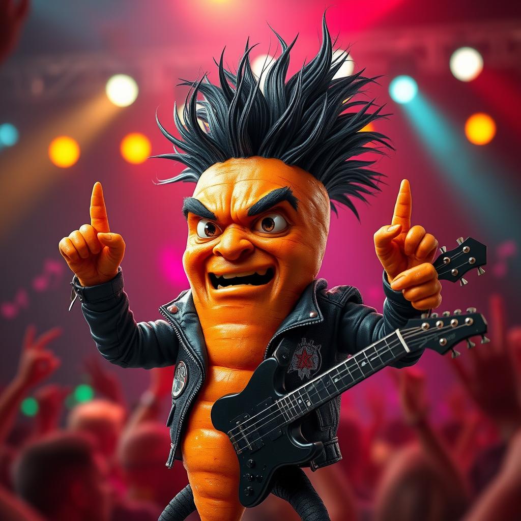 A very realistic carrot with arms and legs, embodying a metalhead persona