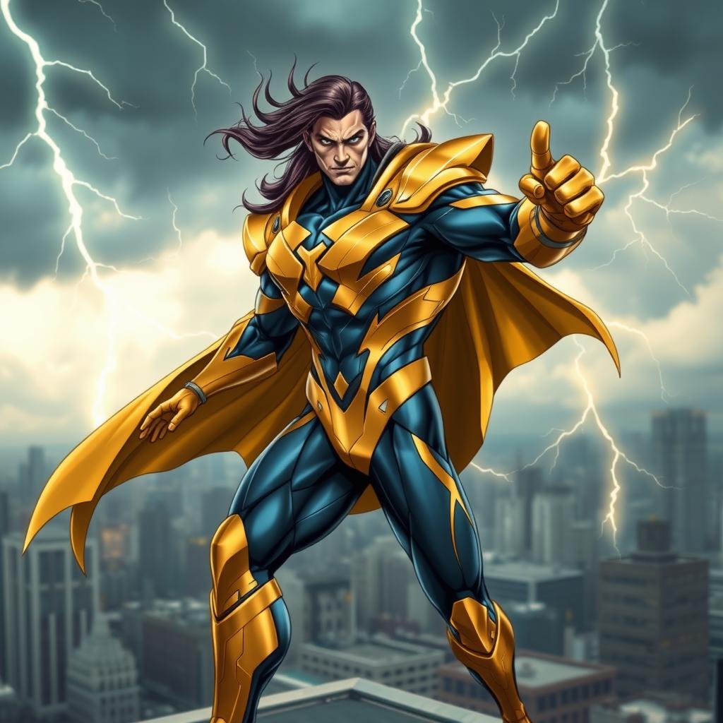 A dynamic superhero character inspired by Vajrayudha, featuring a powerful figure adorned in a sleek, futuristic suit that incorporates elements of the Vajrayudha weapon