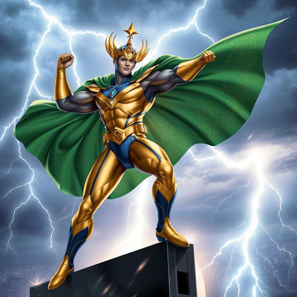 A powerful superhero inspired by Vajrayudha, depicted in an action-packed pose atop a skyscraper