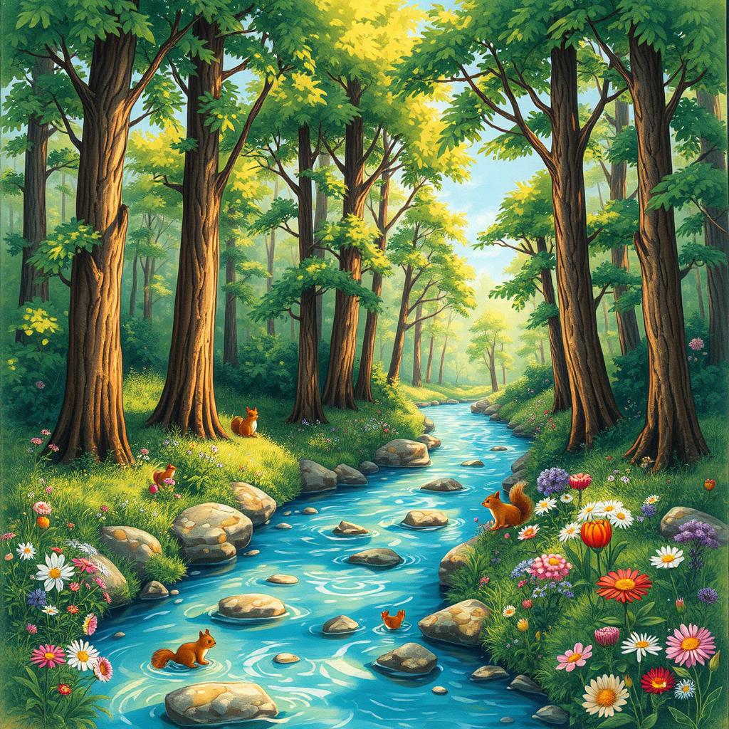 A beautifully detailed and vibrant hand-drawn illustration of a serene forest landscape