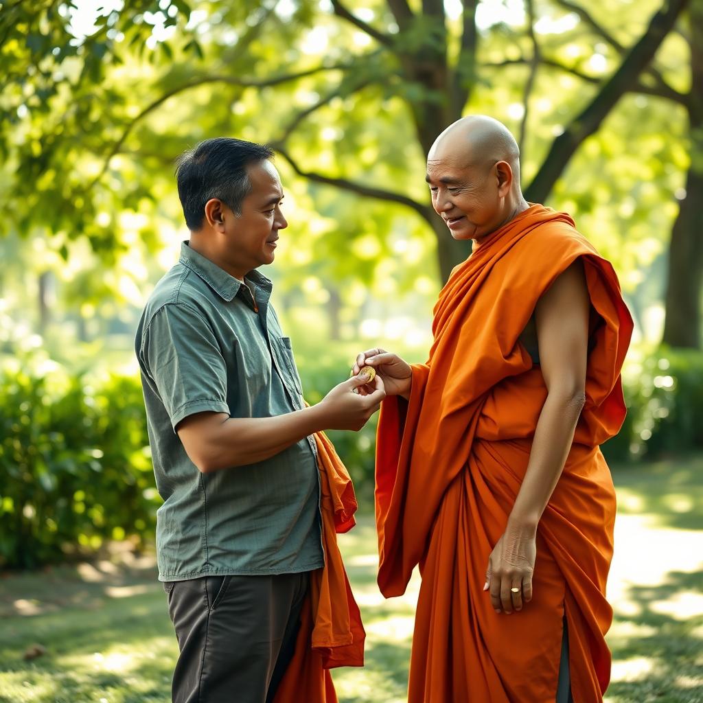 A serene scene depicting a man in casual clothing donating a coin to a tranquil monk dressed in traditional orange robes