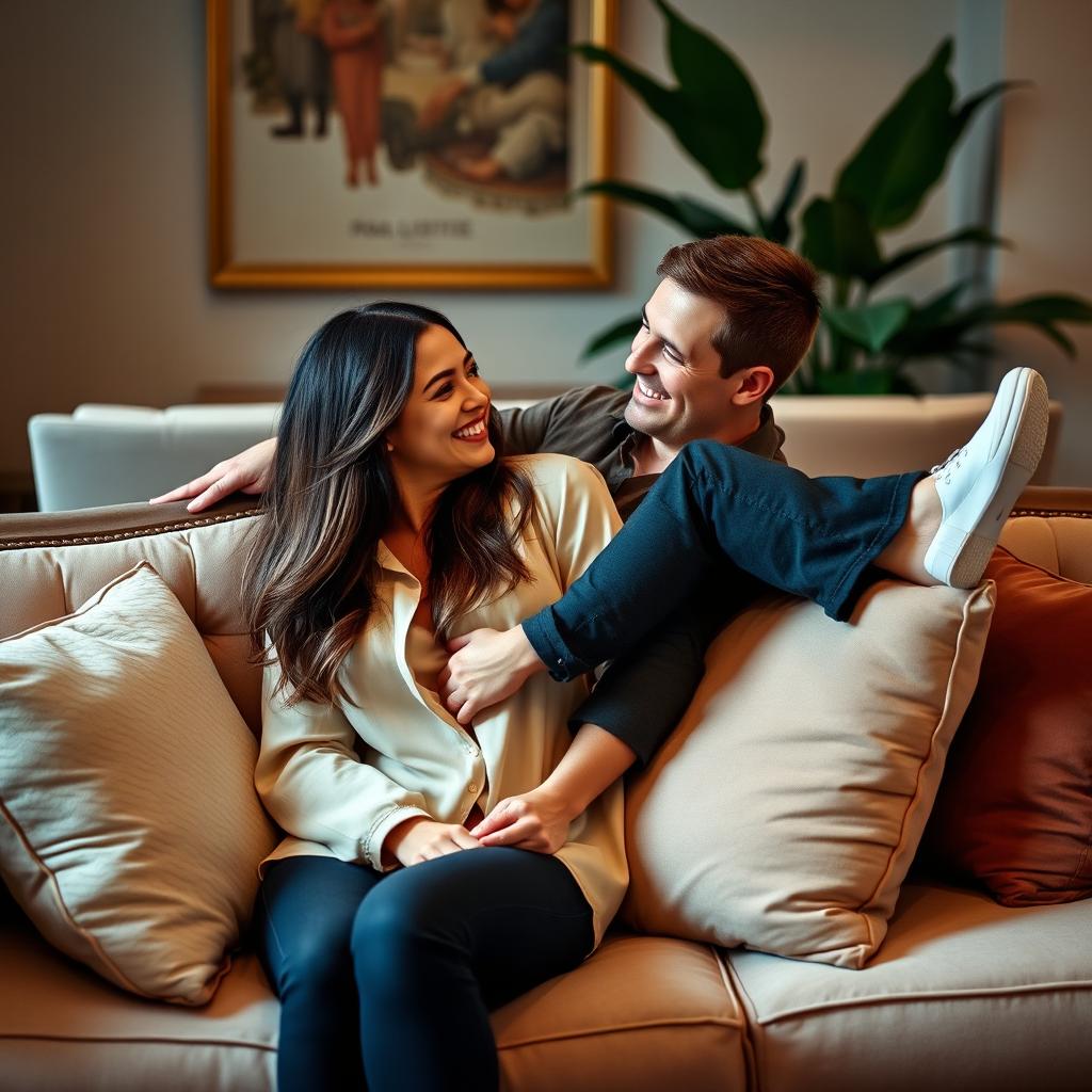 A romantic scene featuring a woman sitting comfortably on an elegant sofa, with a man playfully perched on her lap