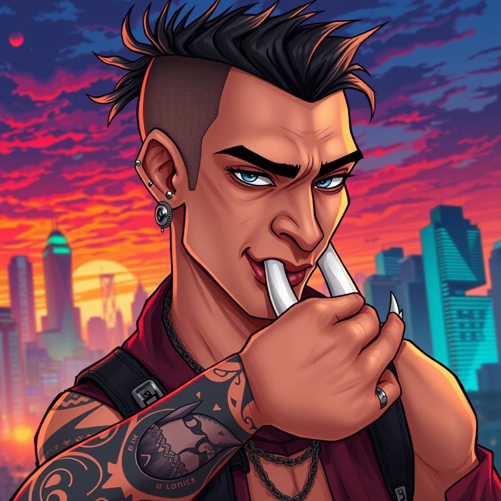 A detailed character design featuring a person with a pierced ear and a nose stud
