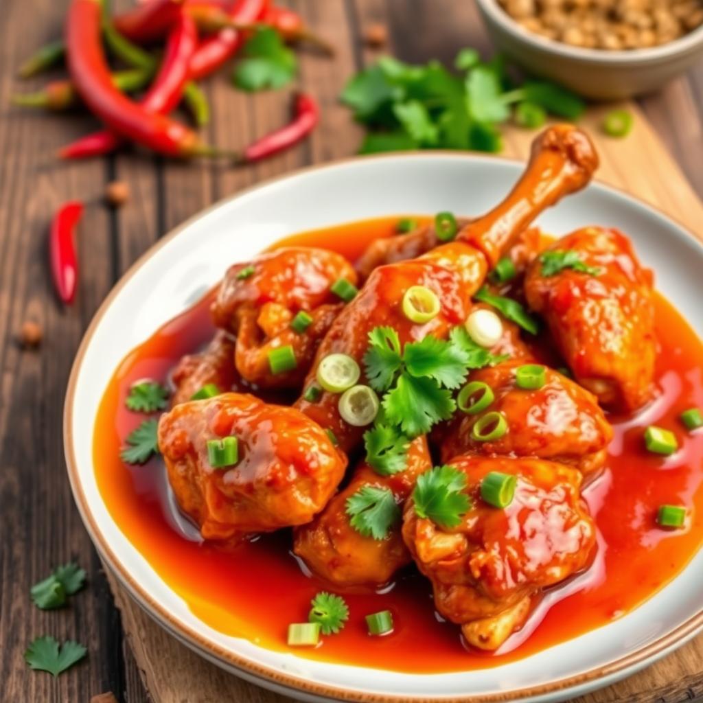 A beautifully plated dish of spicy chicken with vibrant chili sauce, garnished with fresh cilantro and sliced green onions